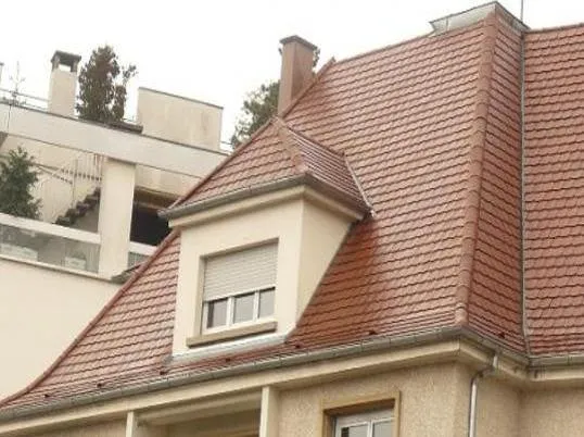 Immeuble sur Strasbourg : réfection complète de la toiture en tuile arboise écaille teinte nuagée.
